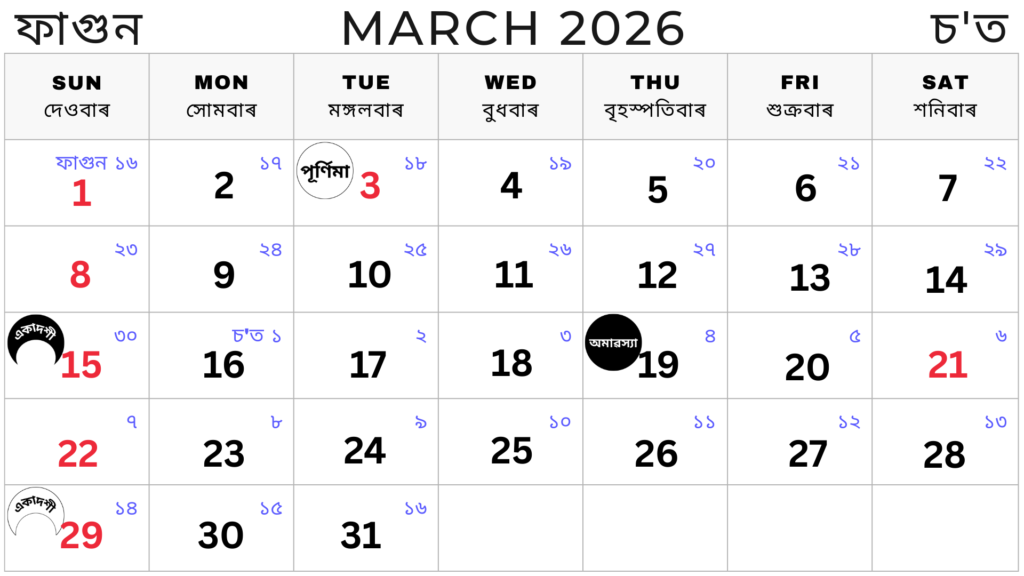 Assamese Calendar 2026 March